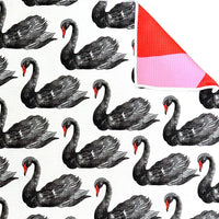 Pattern of black swans with a red and pink triangle on a white background