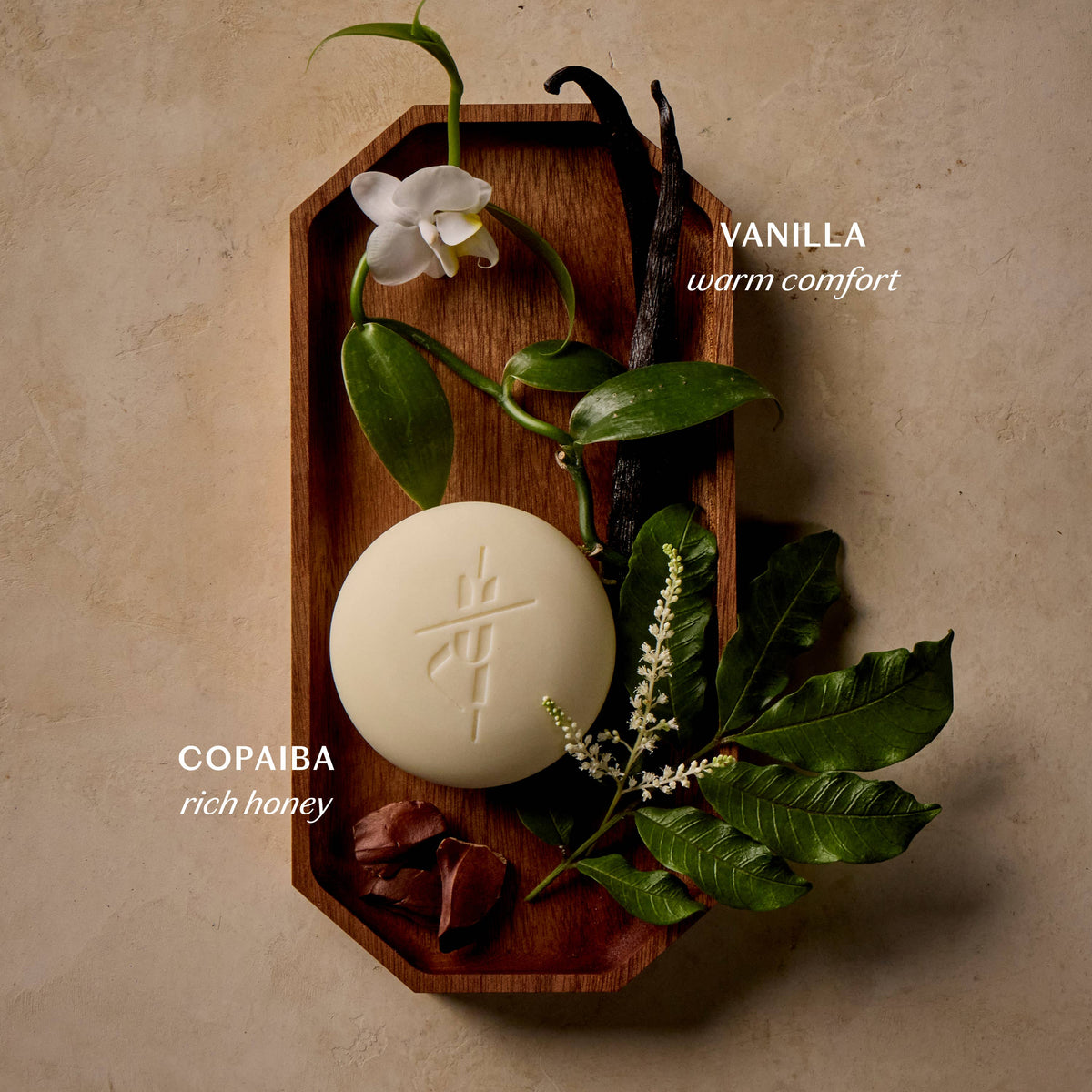 Kate McLeod Vanilla & Copaiba Body Stone solid lotion bar with botanical packaging and round white moisturizing bar.