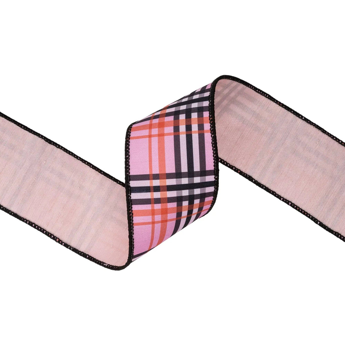 Pink, black and coral plaid wired dupioni ribbon with pink backing, 2.5 inches wide