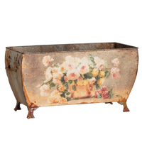 distressed floral container,
vintage trellis planter,
decorative flower box,
gathered rose centerpiece,
shabby chic metal container,
tole garden decor,
romantic planter box,
French cottage planter