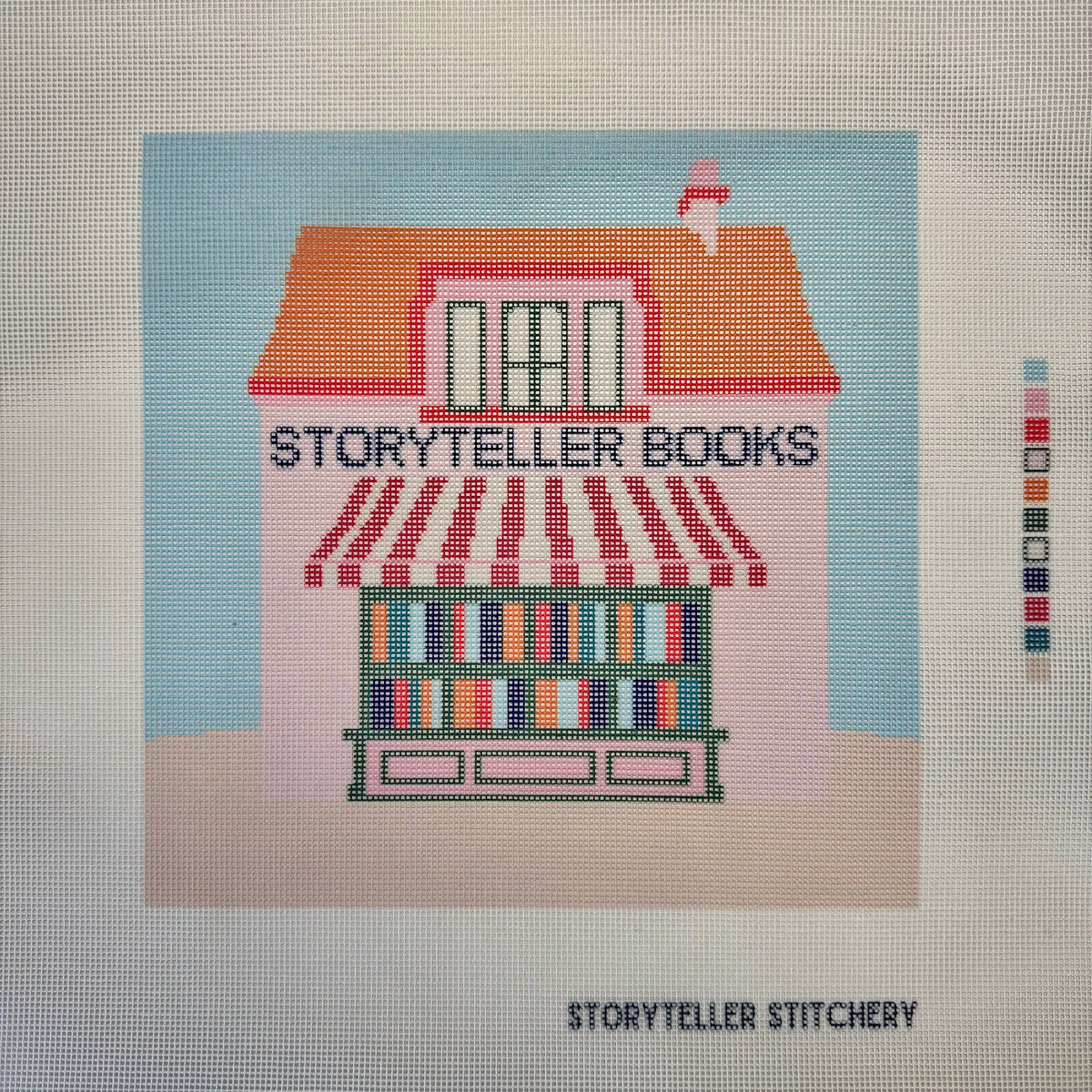 storyteller stitchery kit, bookstore needlepoint kit, modern needlepoint design, large needlepoint project, beginner friendly needlepoint, hand dyed thread kit, diy stitching kit, frame ready embroidery