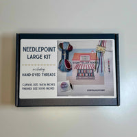 storyteller stitchery kit, bookstore needlepoint kit, modern needlepoint design, large needlepoint project, beginner friendly needlepoint, hand dyed thread kit, diy stitching kit, frame ready embroidery