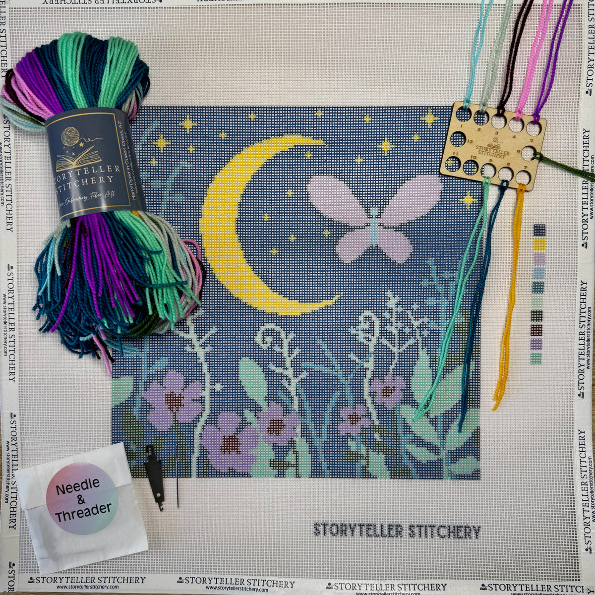storyteller stitchery kit, midnight garden needlepoint, modern needlepoint kit, hand dyed wool thread kit, beginner friendly needlepoint, diy needlepoint art, stitchery craft kit, frame ready needlepoint design