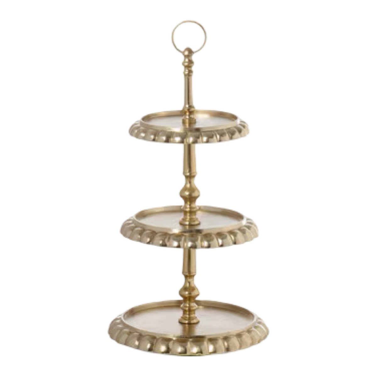Three-tiered decorative stand with gold and glass finish on a white background