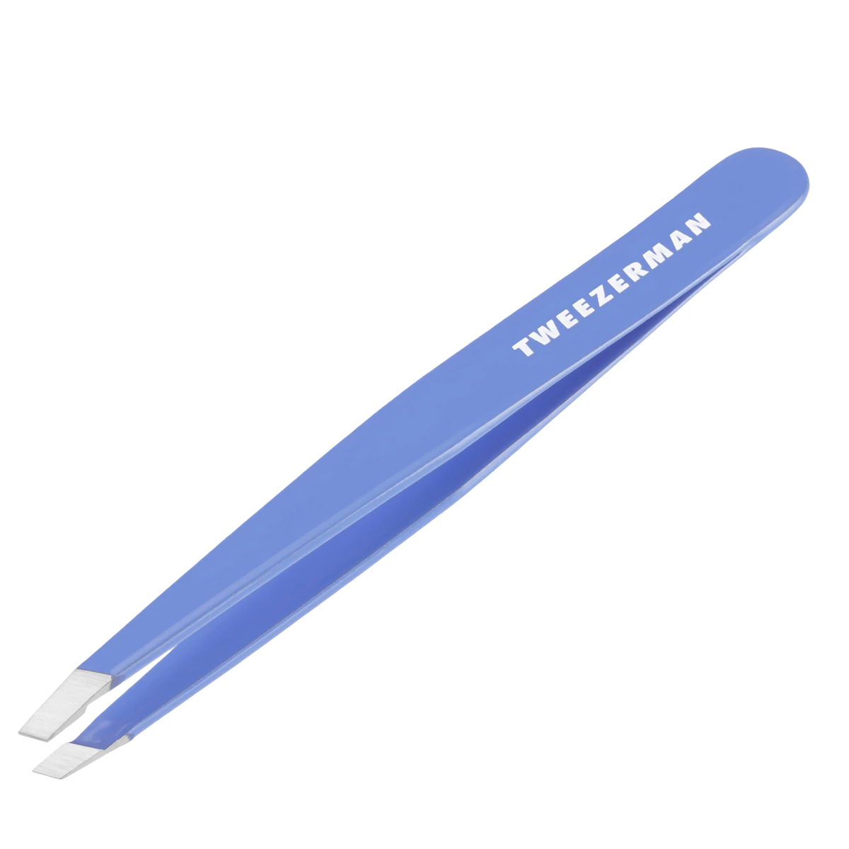 Blue tweezers with 'Tweezerman' branding on a white background