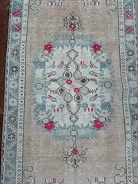 vintage Turkish runner, pink Turkish rug, blush runner, 6x3 rug, narrow vintage rug, handwoven Turkish rug, slate blue rug, kitchen runner, faded Turkish rug, one of a kind rug, traditional boho rug, antique floral runner
