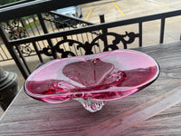 vintage art glass bowl, cranberry glass bowl, sculptural glass centerpiece, italian art glass, pedestal glass bowl, pink glass decor, vintage centerpiece bowl, collectible art glass, murano style glass, maximalist home decor, hollywood regency decor, colorful vintage glass