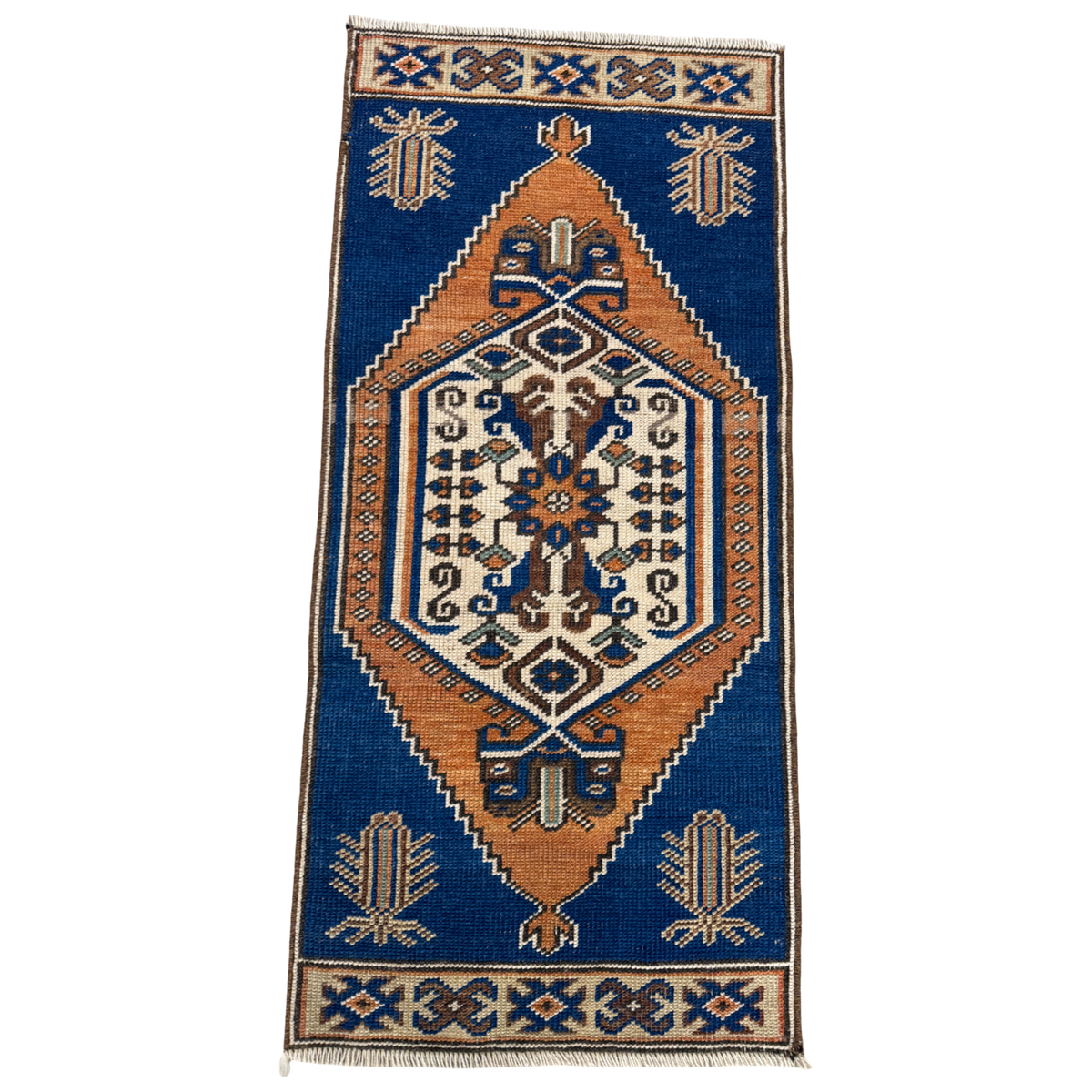 vintage turkish rug, blue turkish rug, cobalt blue rug, mini turkish rug, tribal rug, hand knotted rug, vintage accent rug, small vintage rug, blue and ivory rug, geometric rug, powder room rug, bedside rug, entryway rug, one of a kind rug, handmade turkish rug, collected home decor, cottage style decor, colorful vintage rug, boho home decor, oh meredith vintage rugs